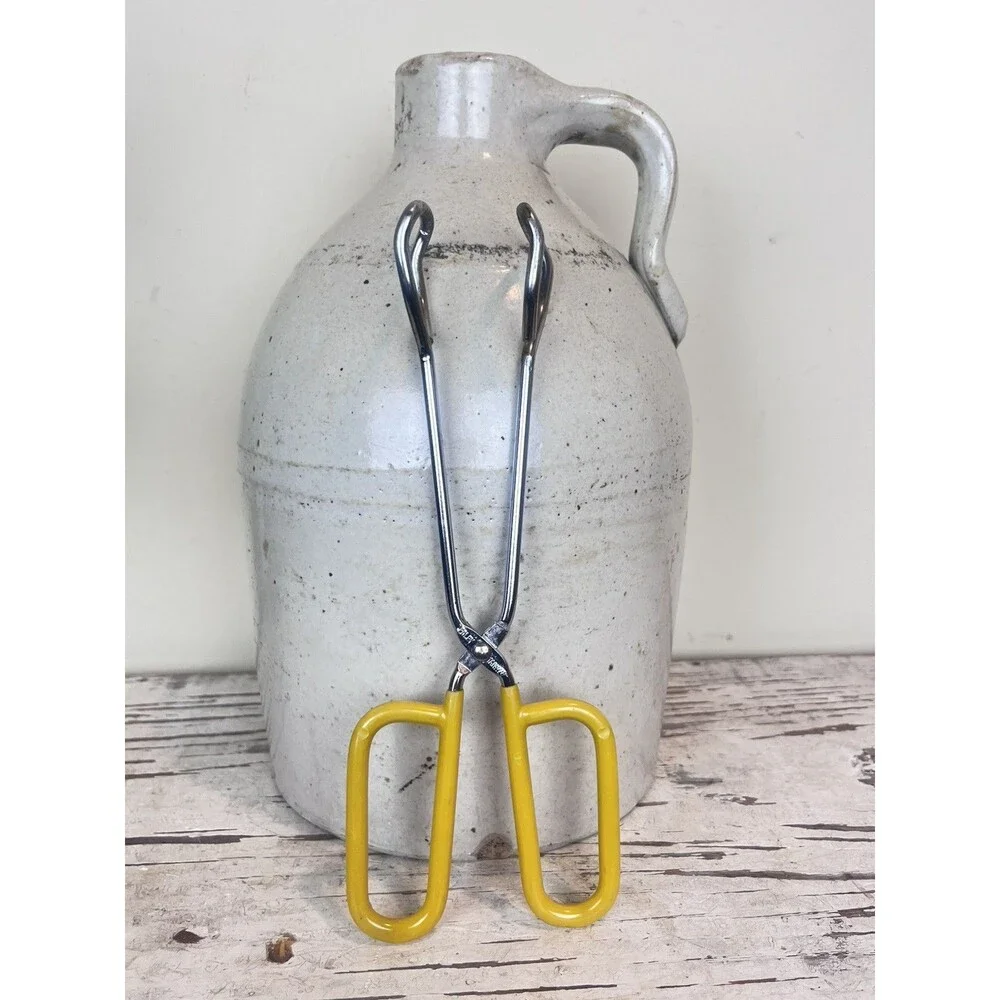 Vintage FOLEY Metal Kitchen Tongs Scissor Grip Yellow Rubber Handle Serving